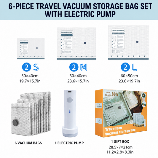 6 Pack Vacuum Storage Bags and  Wireless Electric Pump and Renewable Mini Dehumidifier Bundle, Travel Compression Storage Set for Clothes, Blankets and Bedding