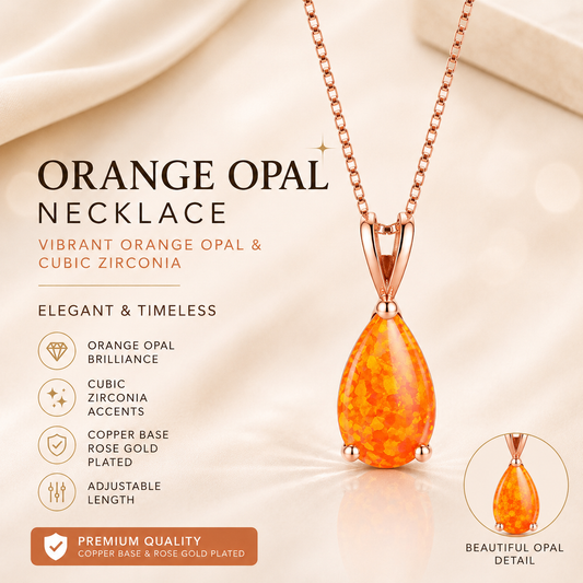 Orange Opal Teardrop Rose gold-plated chain Pendant Necklace for Women, Elegant Sparkling Opal Drop Necklace, Adjustable Chain Fashion Jewellery Gift
