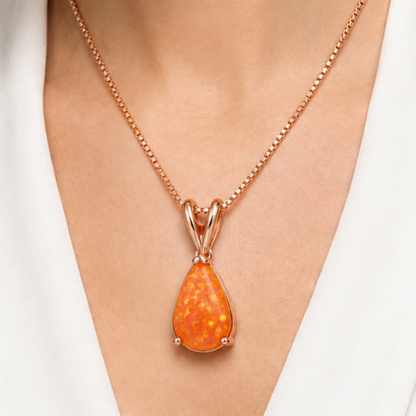 Orange Opal Teardrop Rose gold-plated chain Pendant Necklace for Women, Elegant Sparkling Opal Drop Necklace, Adjustable Chain Fashion Jewellery Gift