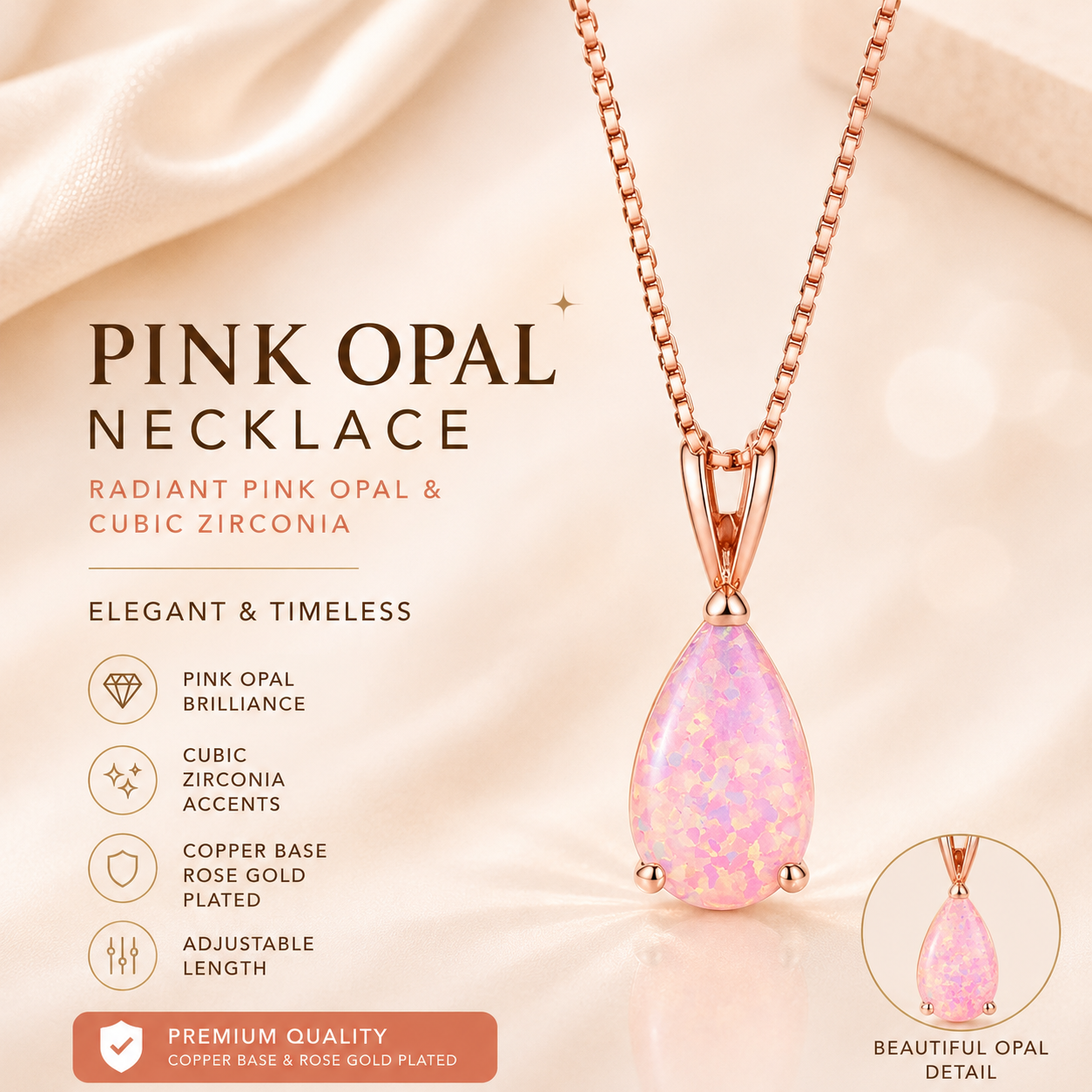 Pink Opal Teardrop Rose gold-plated chain Pendant Necklace for Women, Elegant Sparkling Opal Drop Necklace, Adjustable Chain Fashion Jewellery Gift