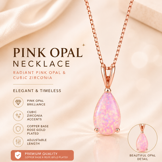 Pink Opal Teardrop Rose gold-plated chain Pendant Necklace for Women, Elegant Sparkling Opal Drop Necklace, Adjustable Chain Fashion Jewellery Gift
