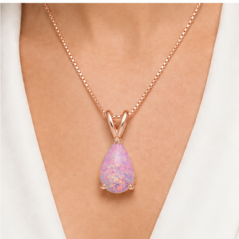 Pink Opal Teardrop Rose gold-plated chain Pendant Necklace for Women, Elegant Sparkling Opal Drop Necklace, Adjustable Chain Fashion Jewellery Gift
