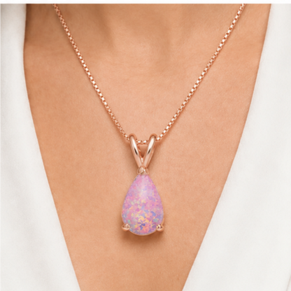 Pink Opal Teardrop Rose gold-plated chain Pendant Necklace for Women, Elegant Sparkling Opal Drop Necklace, Adjustable Chain Fashion Jewellery Gift