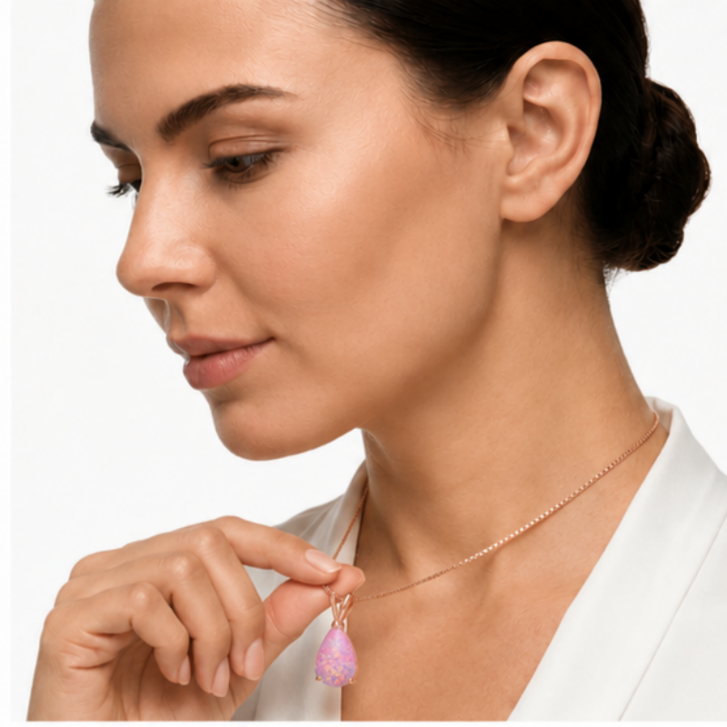 Pink Opal Teardrop Rose gold-plated chain Pendant Necklace for Women, Elegant Sparkling Opal Drop Necklace, Adjustable Chain Fashion Jewellery Gift