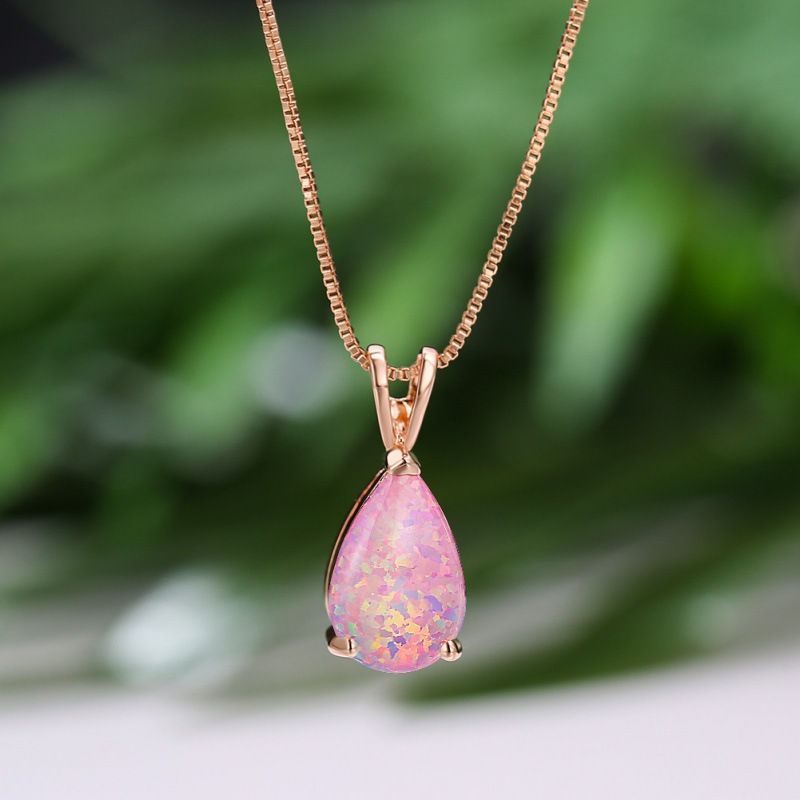 Pink Opal Teardrop Rose gold-plated chain Pendant Necklace for Women, Elegant Sparkling Opal Drop Necklace, Adjustable Chain Fashion Jewellery Gift