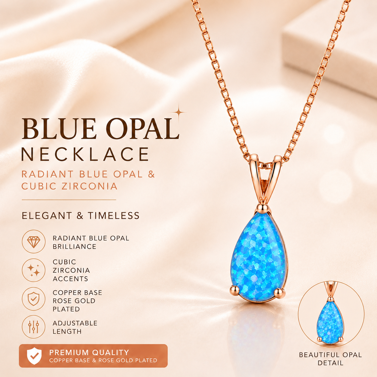 Blue Opal Teardrop Rose gold-plated chain Pendant Necklace for Women, Elegant Sparkling Opal Drop Necklace, Adjustable Chain Fashion Jewellery Gift