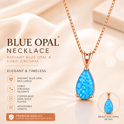Blue Opal Teardrop Rose gold-plated chain Pendant Necklace for Women, Elegant Sparkling Opal Drop Necklace, Adjustable Chain Fashion Jewellery Gift