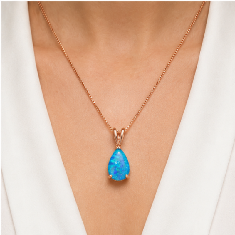 Blue Opal Teardrop Rose gold-plated chain Pendant Necklace for Women, Elegant Sparkling Opal Drop Necklace, Adjustable Chain Fashion Jewellery Gift