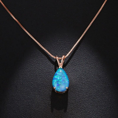 Blue Opal Teardrop Rose gold-plated chain Pendant Necklace for Women, Elegant Sparkling Opal Drop Necklace, Adjustable Chain Fashion Jewellery Gift