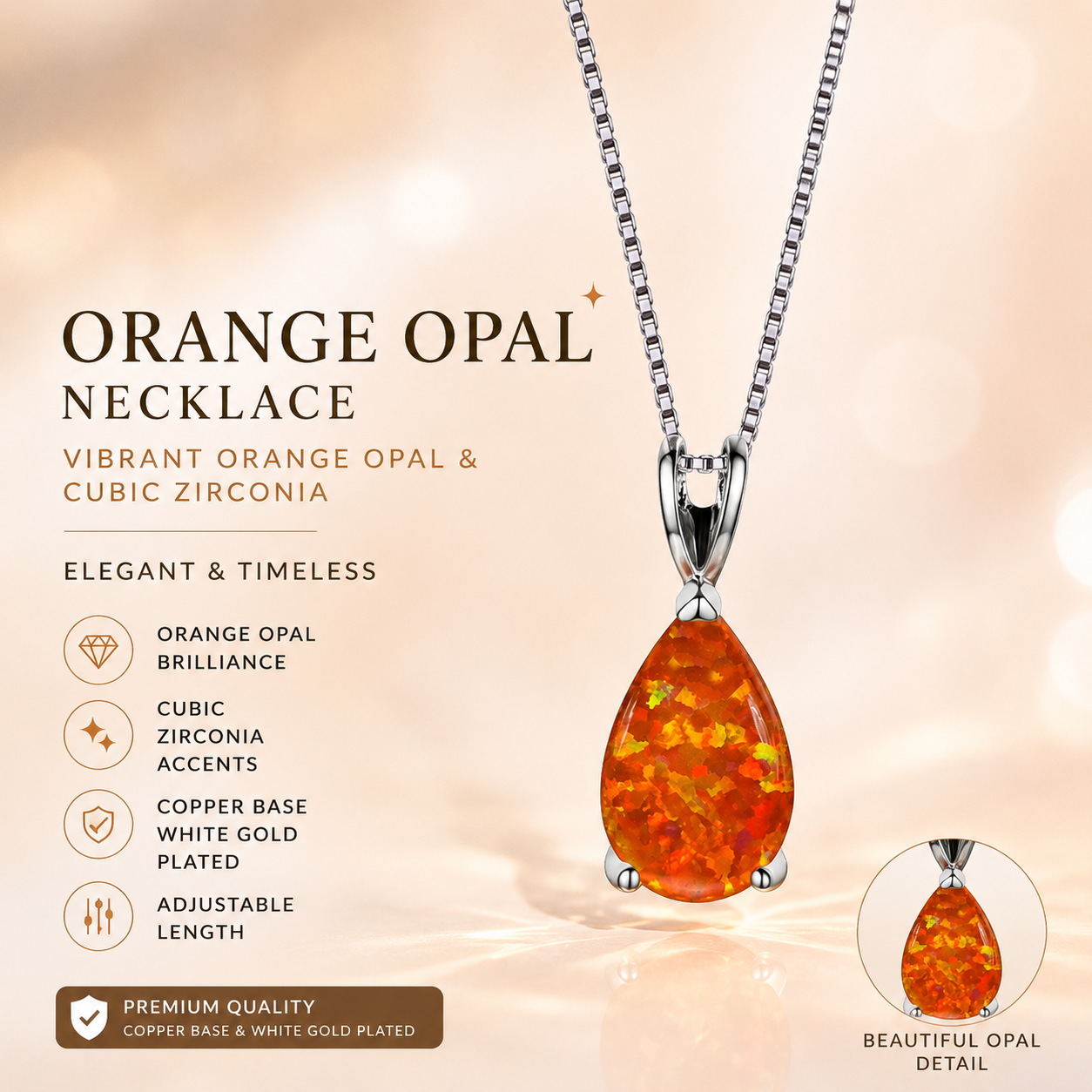Orange Opal Teardrop Platinum-plated chain Pendant Necklace for Women, Elegant Sparkling Opal Drop Necklace, Adjustable Chain Fashion Jewellery Gift