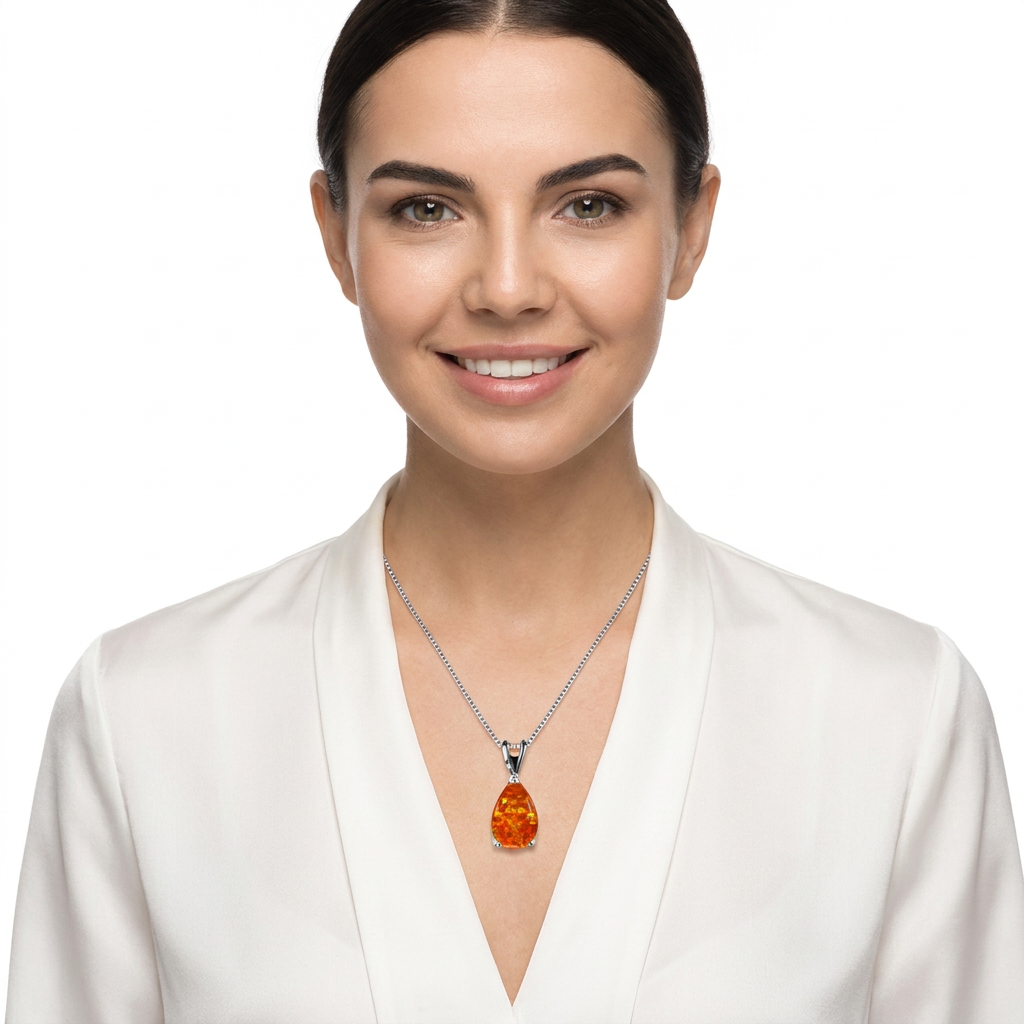 Orange Opal Teardrop Platinum-plated chain Pendant Necklace for Women, Elegant Sparkling Opal Drop Necklace, Adjustable Chain Fashion Jewellery Gift