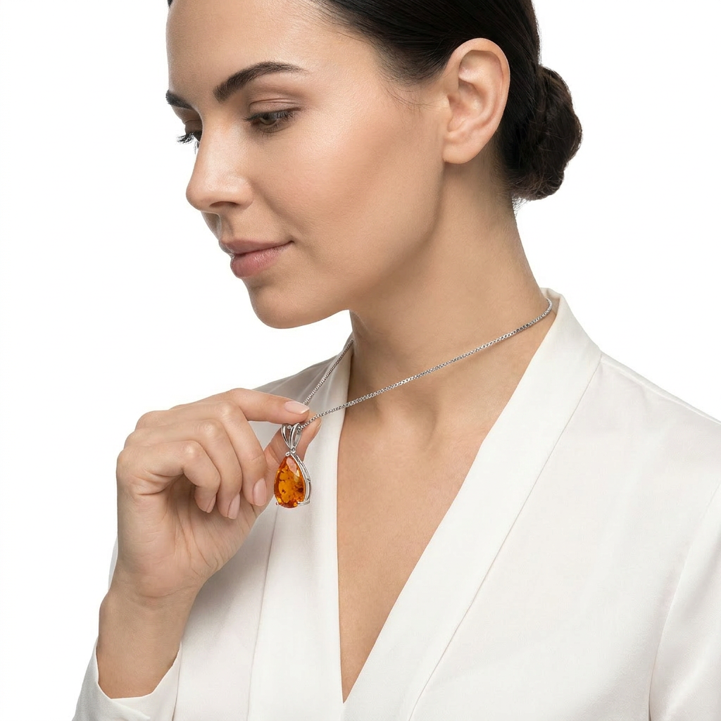 Orange Opal Teardrop Platinum-plated chain Pendant Necklace for Women, Elegant Sparkling Opal Drop Necklace, Adjustable Chain Fashion Jewellery Gift