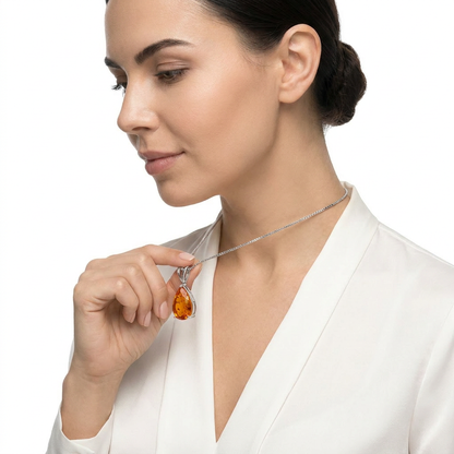 Orange Opal Teardrop Platinum-plated chain Pendant Necklace for Women, Elegant Sparkling Opal Drop Necklace, Adjustable Chain Fashion Jewellery Gift