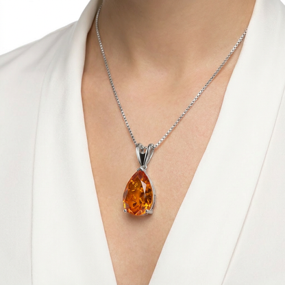 Orange Opal Teardrop Platinum-plated chain Pendant Necklace for Women, Elegant Sparkling Opal Drop Necklace, Adjustable Chain Fashion Jewellery Gift