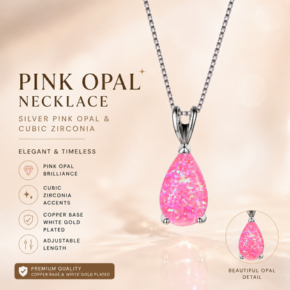 Pink Opal Teardrop Platinum-plated chain Pendant Necklace for Women, Elegant Sparkling Opal Drop Necklace, Adjustable Chain Fashion Jewellery Gift