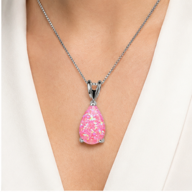 Pink Opal Teardrop Platinum-plated chain Pendant Necklace for Women, Elegant Sparkling Opal Drop Necklace, Adjustable Chain Fashion Jewellery Gift