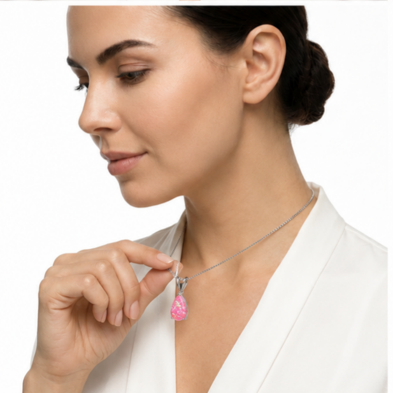 Pink Opal Teardrop Platinum-plated chain Pendant Necklace for Women, Elegant Sparkling Opal Drop Necklace, Adjustable Chain Fashion Jewellery Gift