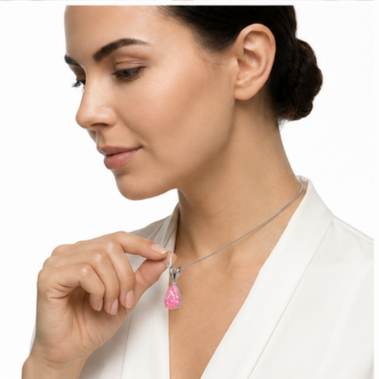 Pink Opal Teardrop Platinum-plated chain Pendant Necklace for Women, Elegant Sparkling Opal Drop Necklace, Adjustable Chain Fashion Jewellery Gift