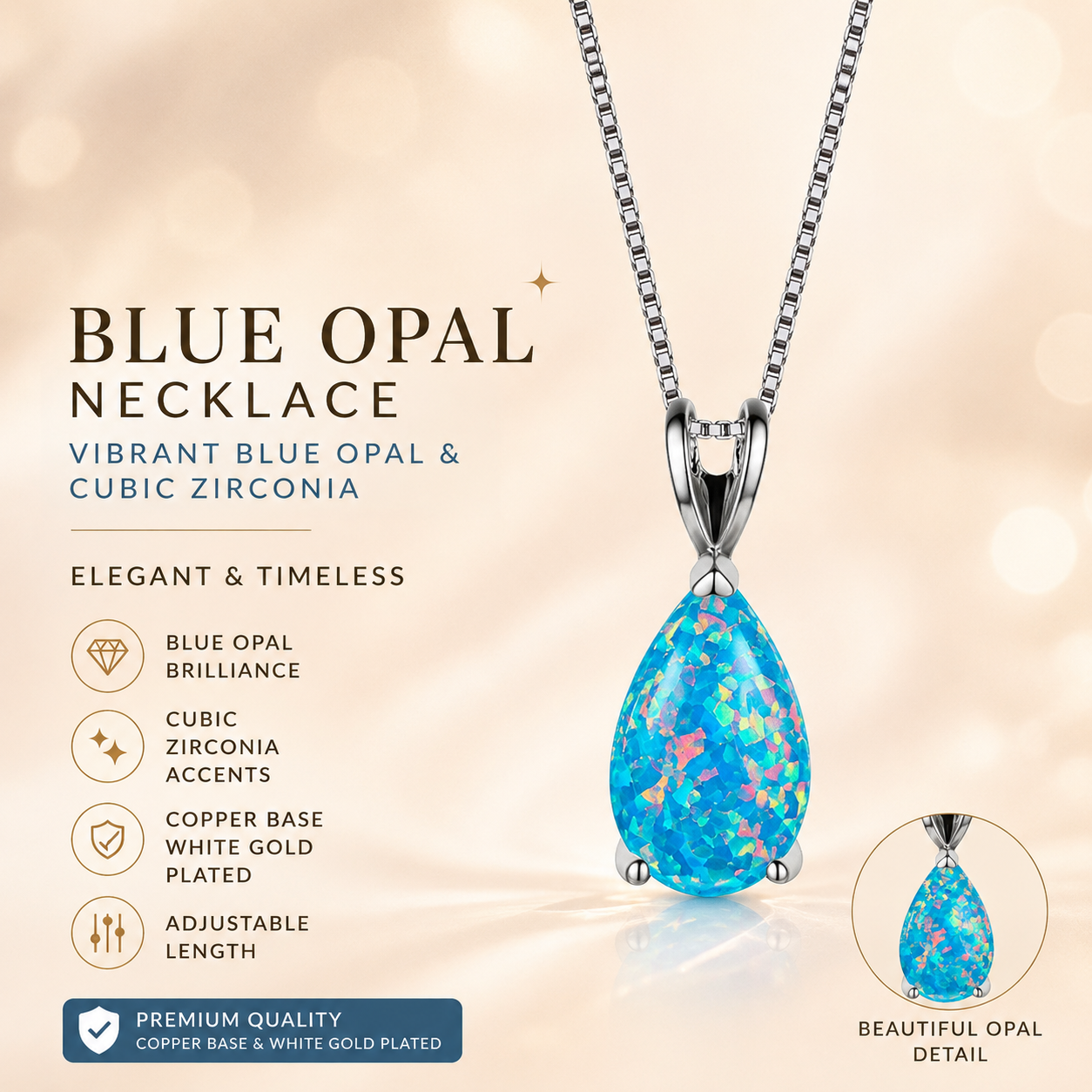 Blue Opal Teardrop Platinum-plated chain Pendant Necklace for Women, Elegant Sparkling Opal Drop Necklace, Adjustable Chain Fashion Jewellery Gift