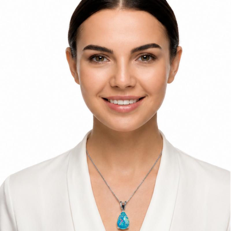 Blue Opal Teardrop Platinum-plated chain Pendant Necklace for Women, Elegant Sparkling Opal Drop Necklace, Adjustable Chain Fashion Jewellery Gift