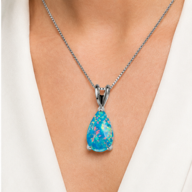 Blue Opal Teardrop Platinum-plated chain Pendant Necklace for Women, Elegant Sparkling Opal Drop Necklace, Adjustable Chain Fashion Jewellery Gift