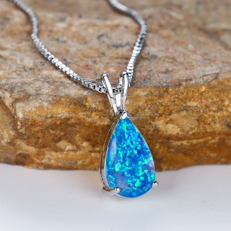 Blue Opal Teardrop Platinum-plated chain Pendant Necklace for Women, Elegant Sparkling Opal Drop Necklace, Adjustable Chain Fashion Jewellery Gift