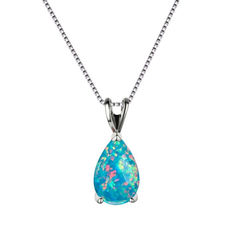 Blue Opal Teardrop Platinum-plated chain Pendant Necklace for Women, Elegant Sparkling Opal Drop Necklace, Adjustable Chain Fashion Jewellery Gift