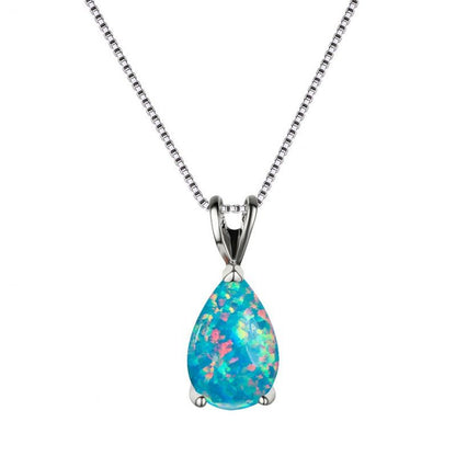 Blue Opal Teardrop Platinum-plated chain Pendant Necklace for Women, Elegant Sparkling Opal Drop Necklace, Adjustable Chain Fashion Jewellery Gift