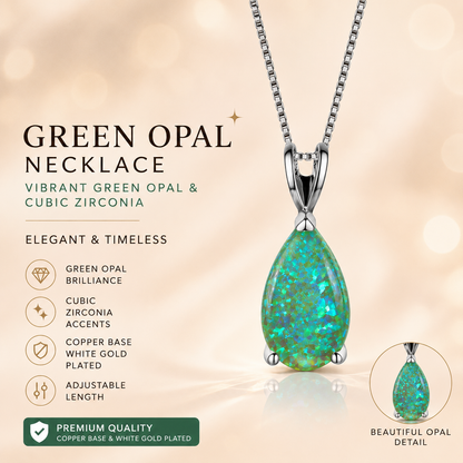 Green Opal Teardrop Platinum-plated chain Pendant Necklace for Women, Elegant Sparkling Opal Drop Necklace, Adjustable Chain Fashion Jewellery Gift