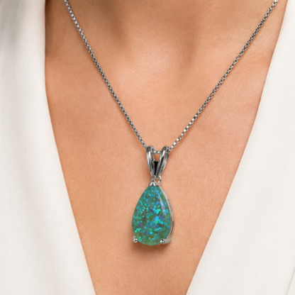 Green Opal Teardrop Platinum-plated chain Pendant Necklace for Women, Elegant Sparkling Opal Drop Necklace, Adjustable Chain Fashion Jewellery Gift