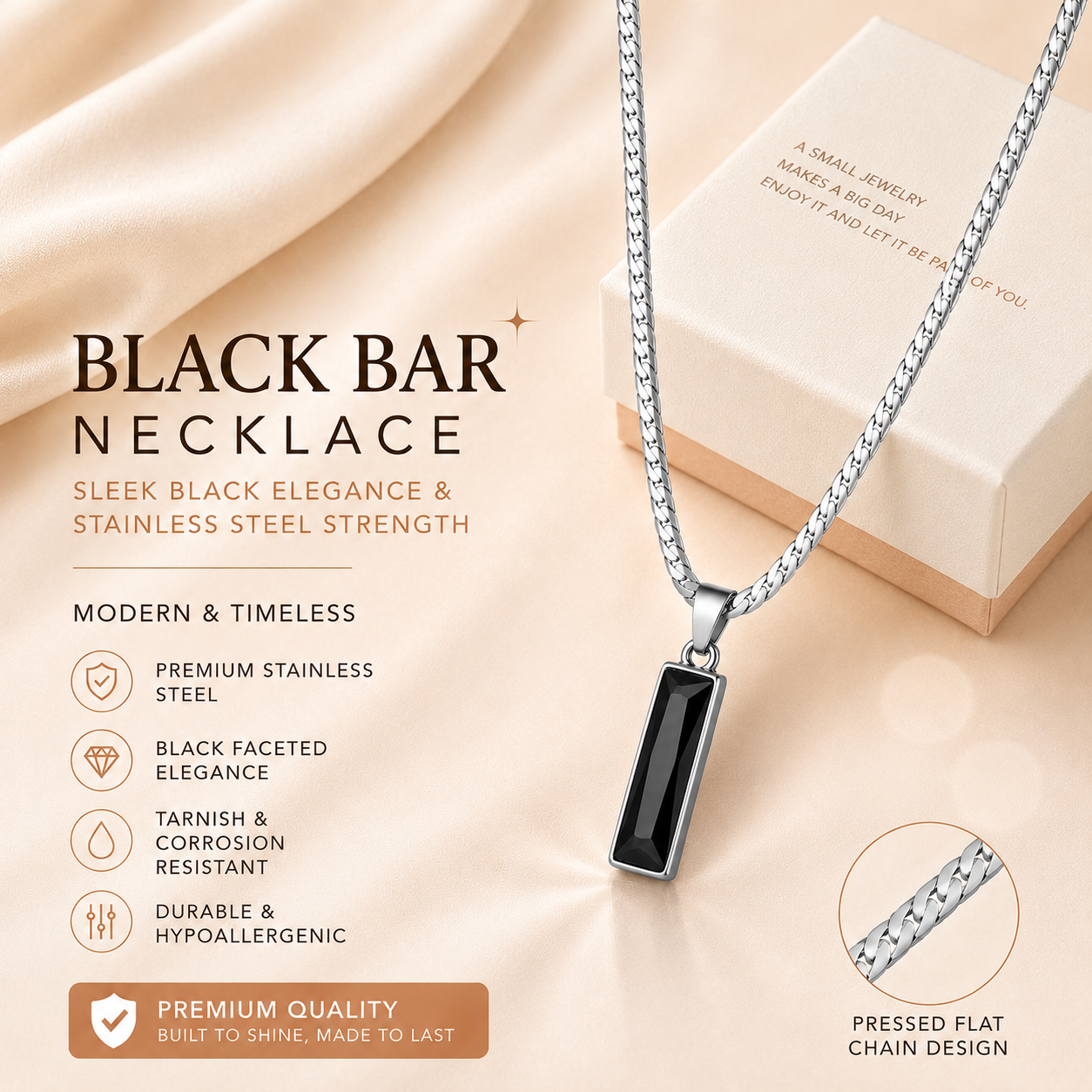 Black Zircon Bar Pendant Necklace 40cm+5cm for Men, Stainless Steel Cuban Chain Necklace, Minimalist Hip Hop Street Style Jewellery