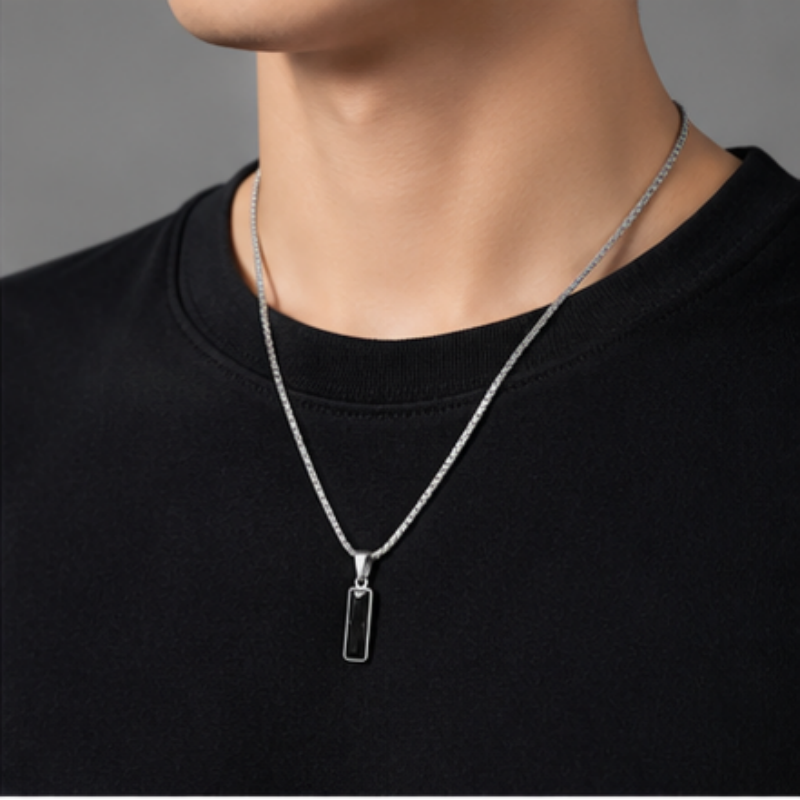 Black Zircon Bar Pendant Necklace 40cm+5cm for Men, Stainless Steel Cuban Chain Necklace, Minimalist Hip Hop Street Style Jewellery