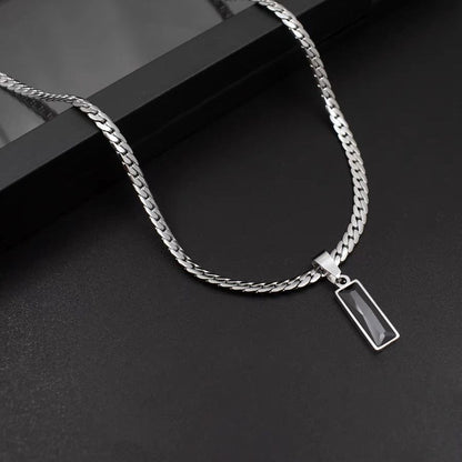 Black Zircon Bar Pendant Necklace 40cm+5cm for Men, Stainless Steel Cuban Chain Necklace, Minimalist Hip Hop Street Style Jewellery