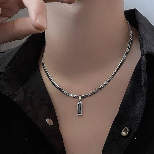 Black Zircon Bar Pendant Necklace 45cm+5cm for Men, Stainless Steel Cuban Chain Necklace, Minimalist Hip Hop Street Style Jewellery