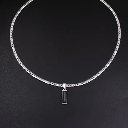Black Zircon Bar Pendant Necklace 45cm+5cm for Men, Stainless Steel Cuban Chain Necklace, Minimalist Hip Hop Street Style Jewellery
