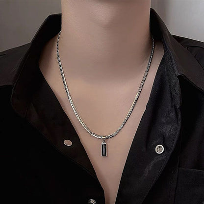 Black Zircon Bar Pendant Necklace 50cm+5cm for Men, Stainless Steel Cuban Chain Necklace, Minimalist Hip Hop Street Style Jewellery