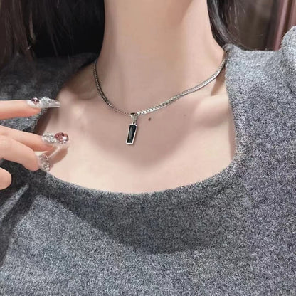 Black Zircon Bar Pendant Necklace 50cm+5cm for Men, Stainless Steel Cuban Chain Necklace, Minimalist Hip Hop Street Style Jewellery