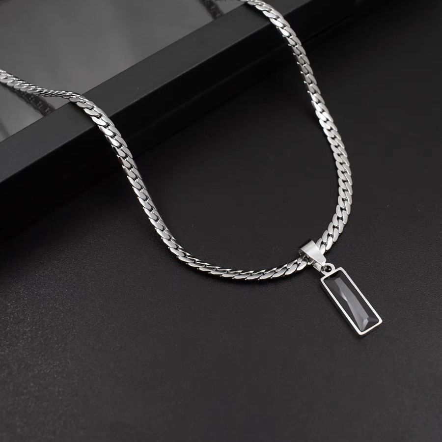 Black Zircon Bar Pendant Necklace 50cm+5cm for Men, Stainless Steel Cuban Chain Necklace, Minimalist Hip Hop Street Style Jewellery