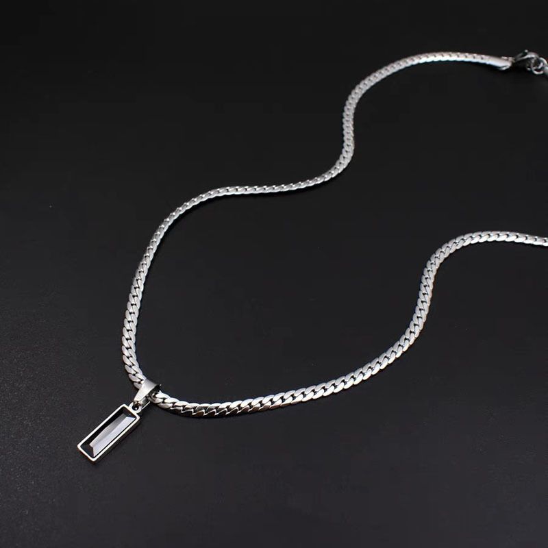 Black Zircon Bar Pendant Necklace 50cm+5cm for Men, Stainless Steel Cuban Chain Necklace, Minimalist Hip Hop Street Style Jewellery
