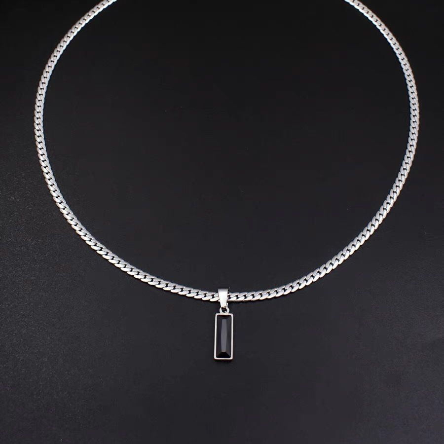 Black Zircon Bar Pendant Necklace 50cm+5cm for Men, Stainless Steel Cuban Chain Necklace, Minimalist Hip Hop Street Style Jewellery