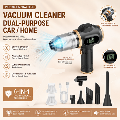 8-piece Black Handheld Cordless Vacuum Cleaner & Air Duster 2-in-1(2 x 2000mAh), Portable Car and Home Cleaning Vacuum with Digital Display