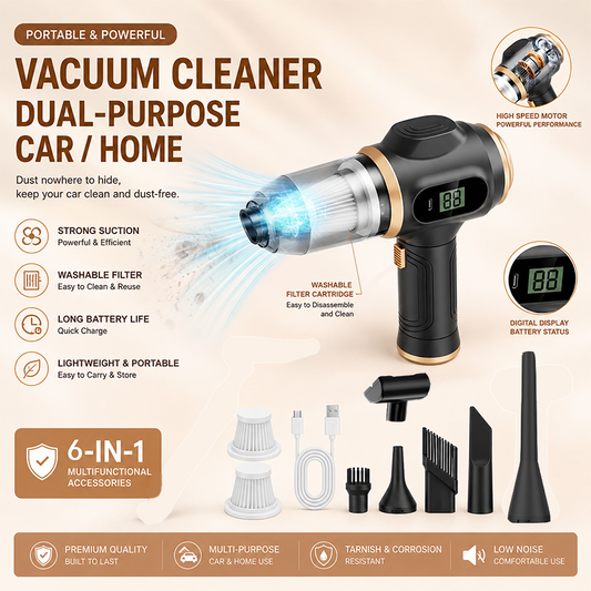 8-piece Black Handheld Cordless Vacuum Cleaner & Air Duster 2-in-1(2 x 2000mAh), Portable Car and Home Cleaning Vacuum with Digital Display