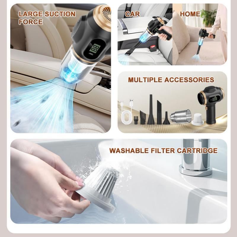 8-piece Black Handheld Cordless Vacuum Cleaner & Air Duster 2-in-1(2 x 2000mAh), Portable Car and Home Cleaning Vacuum with Digital Display
