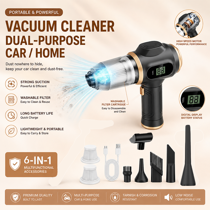 8-piece  Black Handheld Cordless Vacuum Cleaner & Air Duster 2-in-1(2 x 1500mAh), Portable Car and Home Cleaning Vacuum with Digital Display