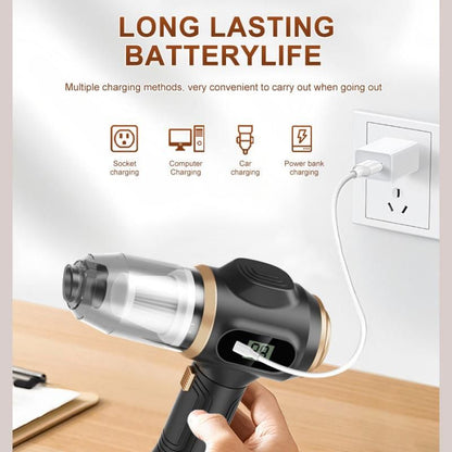 8-piece  Black Handheld Cordless Vacuum Cleaner & Air Duster 2-in-1(2 x 1500mAh), Portable Car and Home Cleaning Vacuum with Digital Display