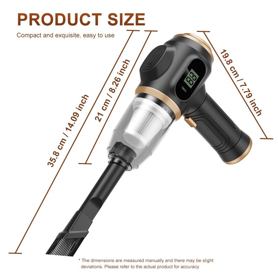 8-piece  Black Handheld Cordless Vacuum Cleaner & Air Duster 2-in-1(2 x 1500mAh), Portable Car and Home Cleaning Vacuum with Digital Display