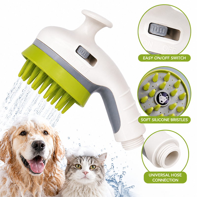 White Pet Bathing Shower Sprayer Brush with Water  Control Switch Control Dog Grooming Massage Shampoo Rinse Tool