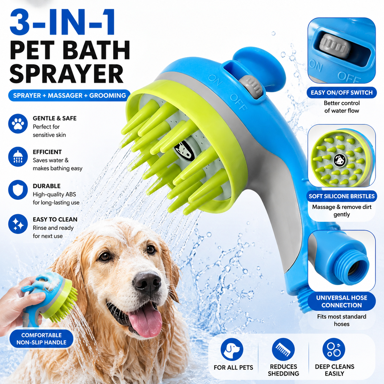 Orange Pet Bathing Shower Sprayer Brush with Water  Control Switch Control Dog Grooming Massage Shampoo Rinse Tool