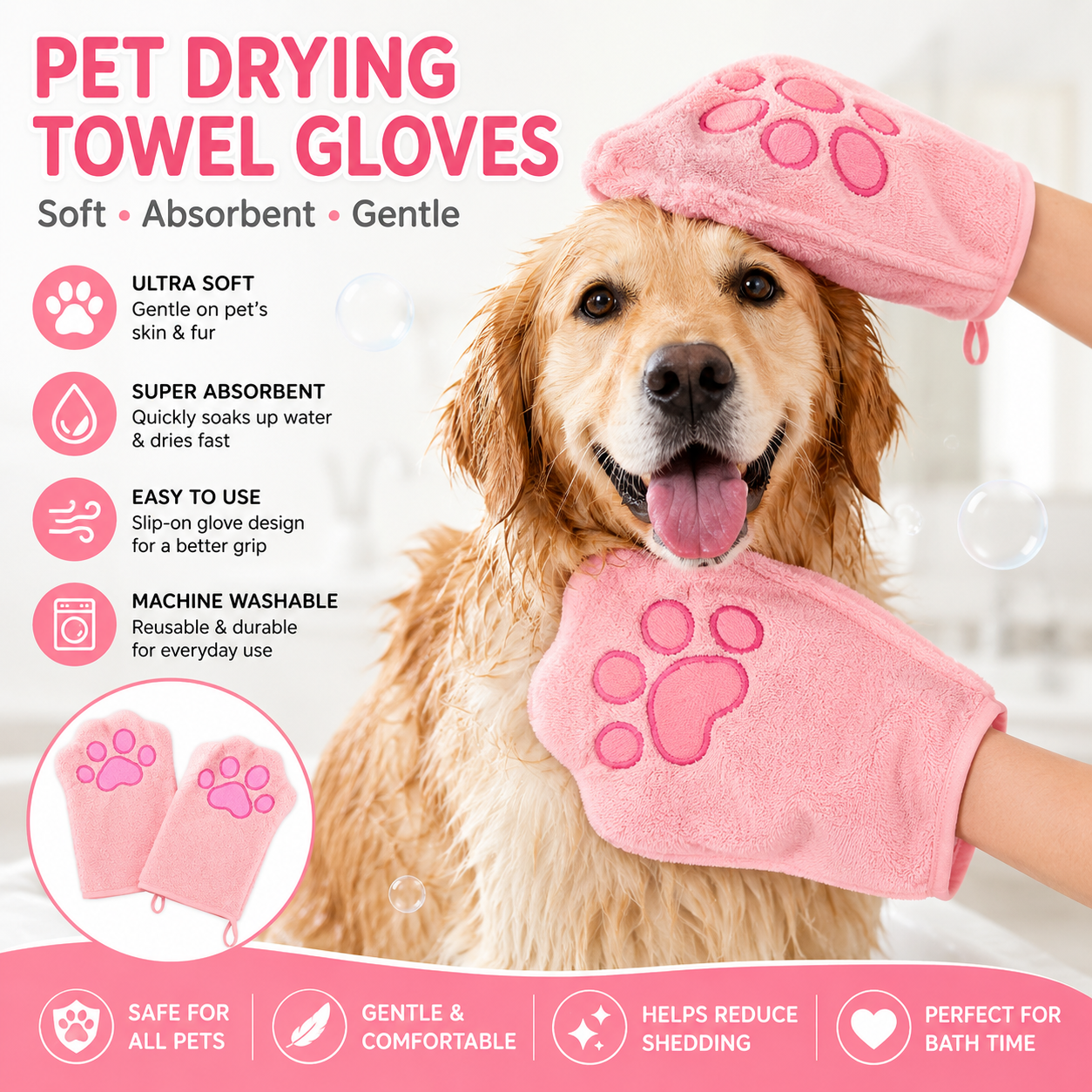 2-piece Pink Quick-drying pet grooming glove towel; made of soft, highly absorbent coral fleece; suitable for drying dogs and cats after bathing.
