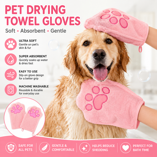 2-piece Pink Quick-drying pet grooming glove towel; made of soft, highly absorbent coral fleece; suitable for drying dogs and cats after bathing.